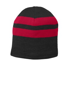 Port & Co C922 Red-Fleece-Lined Striped Beanie Cap Red