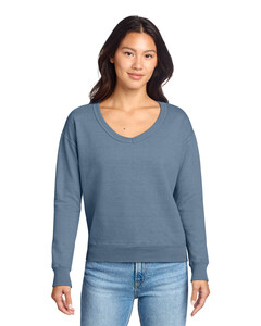 Port & Co LPC098V Blue-Ladies Beach Wash Garment-Dyed V-Neck Sweatshirt Blue
