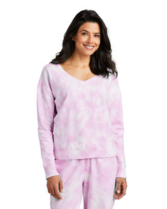 Port & Co LPC140V Pink-Women's Beach Wash Cloud Tie-Dye V-Neck Sweatshirt Pink
