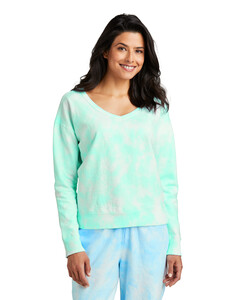Port &amp; Co LPC140V Green-Women&#x27;s Beach Wash Cloud Tie-Dye V-Neck Sweatshirt Green