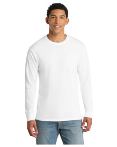 Port &amp; Co PC099LSP White-Essential Pigment-Dyed Long Sleeve Pocket T-Shirt White