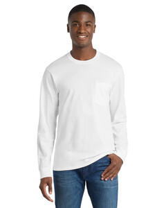 Port &amp; Co PC61LSPT White-Tall Long Sleeve Essential T-Shirt with Pocket White
