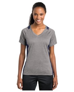 Sport-Tek LST361 Gray-Women's Heather Colorblock Contender V-Neck T-Shirt Gray