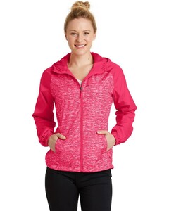 Women's Heather Colorblock Raglan Hooded Wind Jacket Pink Sport-Tek LST40 Pink