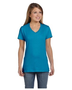 Women's 4.5 oz., 100% Ringspun Cotton nano-T V-Neck T-Shirt Blue-Green Hanes S04V Blue-Green