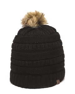 Cable Knit Faux Fur Pom Black Outdoor Cap OC805 Black