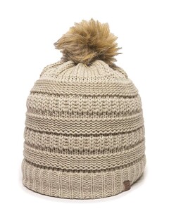 Cable Knit Faux Fur Pom White Outdoor Cap OC805 White
